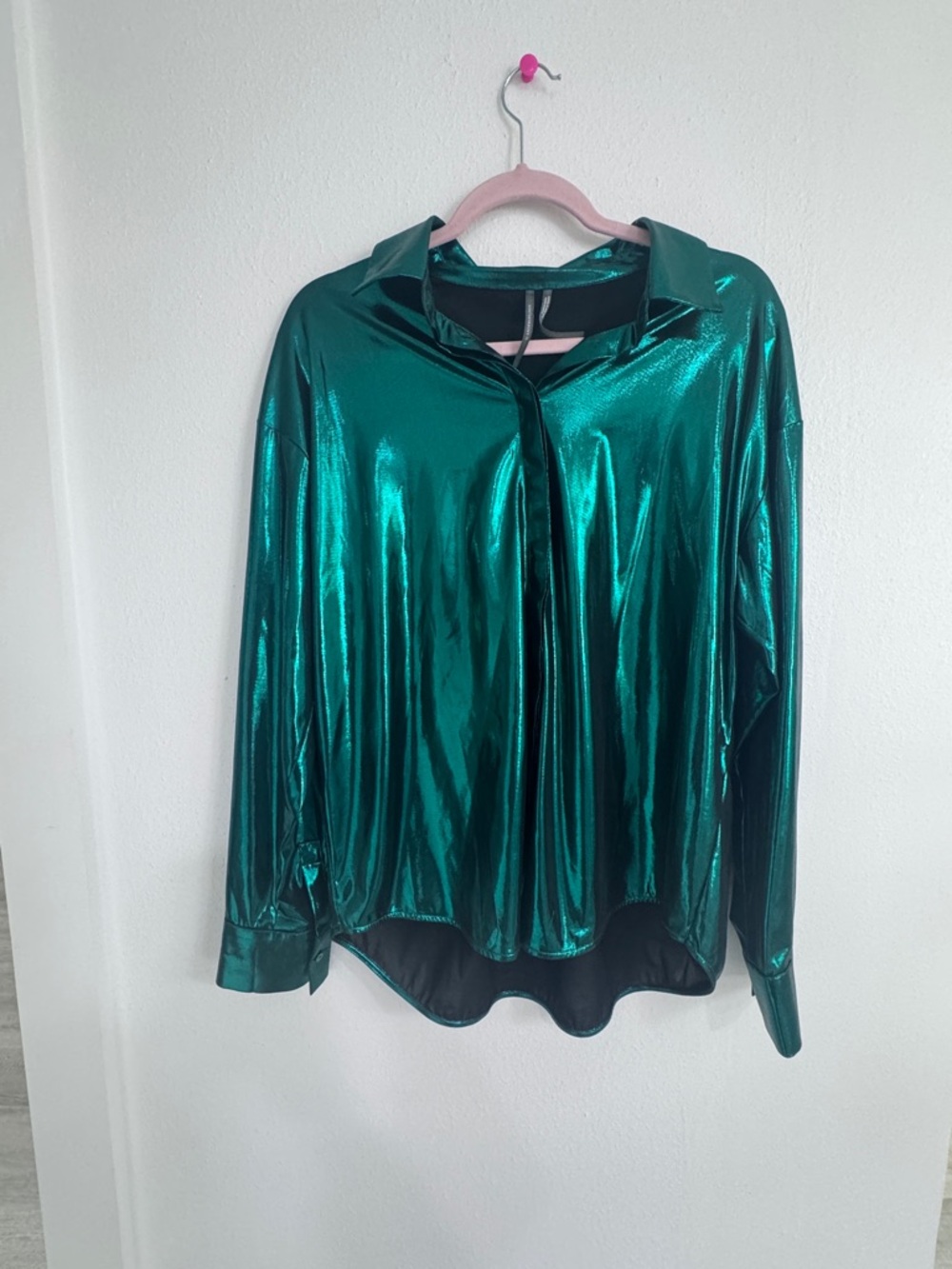 Anthropology Emerald Green Metallic Liquid Lurex Button Down Shirt L - Picture 2 of 7